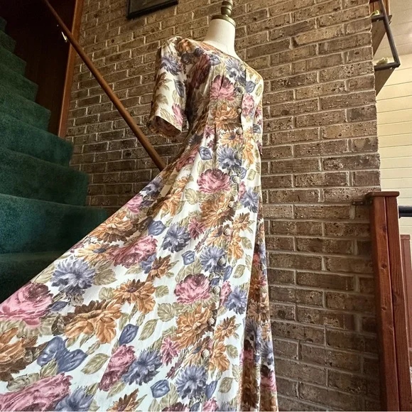 Express | Dresses | Vtg 9s Colorful Cottagecore Floral Button Down Short  Sleeve Maxi Dress